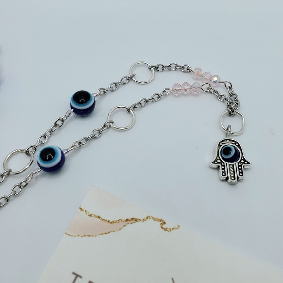 TMD - Evil Eye Bracelet / Necklace Set w/ Hamsa Charms - Silver, Pink and Blue - Picture 5 of 8